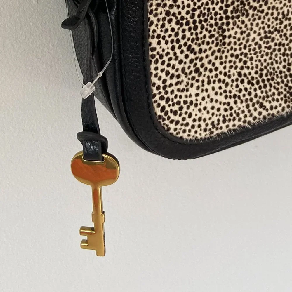 Fossil Black Elle Crossbody Bag Animal Print Cow Hide - Picture 6 of 11